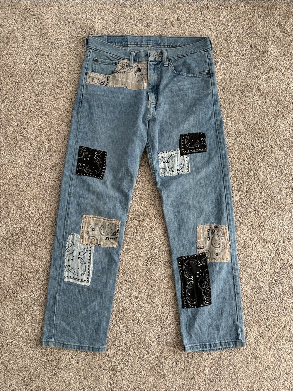 Wrangler Custom Rework Light Blue Straight Jeans with Bandana Patchwork